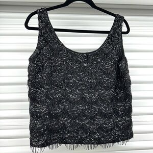 VINTAGE - Amazing Black Sequin & Beaded Fringe Sleeveless Top with Back Zipper